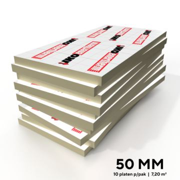 Stapel met 50 mm dikke IKO Enertherm Alu PIR isolatieplaten, inhoud van een pak - Dakmaterialen.com.