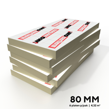 Stapel met 80 mm dikke IKO Enertherm Alu PIR isolatieplaten, inhoud van een pak - Dakmaterialen.com.