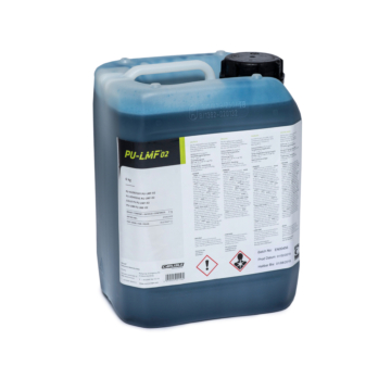 Jerrycan van 6 kg PU-lijm PU-LMF-02 voor Resitrix CL EPDM, blauw van kleur, met gedetailleerd label en waarschuwingssymbolen.