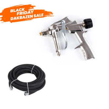 Foto van een hoogwaardig pistool voor het DSS systeem  Voor het spuiten van lijm uit een drukvat van Hertalan of Redfox.  Of voor het spuiten van de primer FG 35 van Resitrix. Dakmaterialen.com