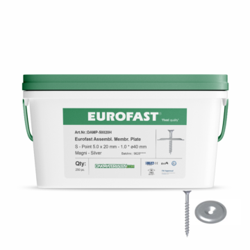 Afbeelding van een emmer met schroeven en rondellen voor het bevestigen van een onderlaag op een houten dakbeschot. Het merk is Eurofast. Dakmaterialen.com - Ieder duurzaam dak binnen handbereik. 