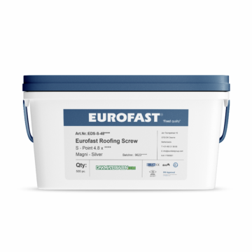 Afbeelding van een emmer met dakparkers voor een stalen dakbeschot van het merk Eurofast. Het is voor het bevestigen van Isolatie op platte daken. Ook toepasbaar op houten dakbeschot.  Dakmaterialen.com - Ieder duurzaam dak binnen handbereik.