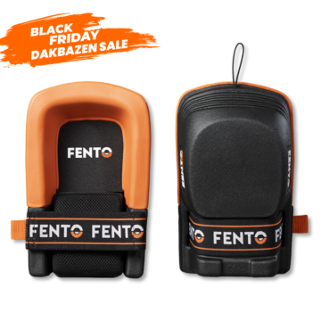 Voor- en achterkant van de FENTO® Original kniebeschermer op een witte achtergrond: links de oranje kuipvormige binnenzijde met zwarte voering en elastische FENTO-band, rechts de zwarte buitenplaat met ophanglus en subtiel FENTO-logo op de rand.