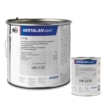 Afbeelding van 2 blikken EPDM lijm van het merk Hertalan. Contactlijm. Tweezijdige verlijming van EPDM dakbedekking