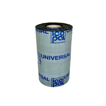 Afbeelding van een rol Icopal Universal® SA POCB dakbaan (7,50 m x 0,50 m) met beschermende verpakking voorzien van het blauwe Icopal Universal-logo. Deze duurzame dakbaan is geschikt voor platte en hellende daken en kan mechanisch, geballast of koud gekl