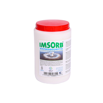 Imsorb waterabsorptie granulaat in een witte pot met rood deksel en label. Geschikt voor het snel absorberen van water bij lekkages, dakreparaties en vochtproblemen.