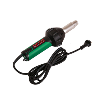 Leister Triac ST handfohn met een groen en zwart handvat, een metalen spuitmond en een zwarte stroomkabel met stekker. Geschikt voor PVC, TPO en Resitrix dakbedekking en kunststoflassen.