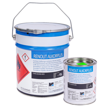 Afbeelding van 2 blikken PVC contactlijm. 10 liter en 1 liter. Van het merk Renolit. 