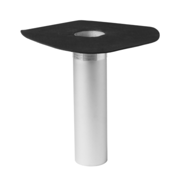 Afbeelding toont 2 Ecoflox Prefab Aluminium HWA's, een staande en een liggende. Beide zijn gemaakt van geanodiseerd aluminium en voorzien van een bevestigingsflens en Resitrix SK-W manchet. De HWA's zijn geschikt voor gebruik op platte daken.