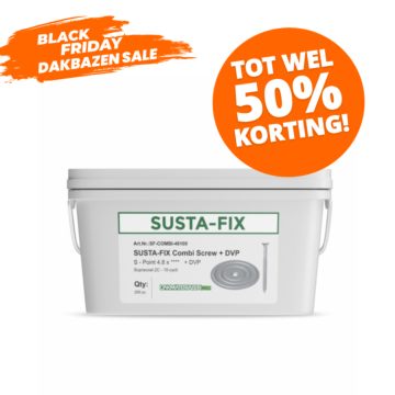 Afbeelding van een emmer met dakparkers met drukverdeelplaten van het merk Eurofast. Het is voor het bevestigen van Isolatie op platte daken.  Dakmaterialen.com