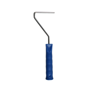 Metalen rollenbeugel van 28 cm met blauwe ergonomische handgreep, geschikt voor 10 cm rollers. Ideaal voor het aanbrengen van EPDM-lijm, bitumen en primers op daken.