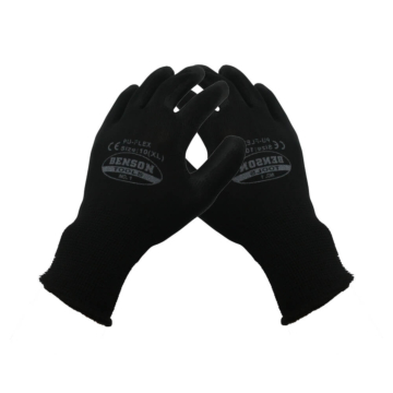 Set van twee zwarte Benson PU Flex werkhandschoenen, met gripcoating en elastische polsmanchet.