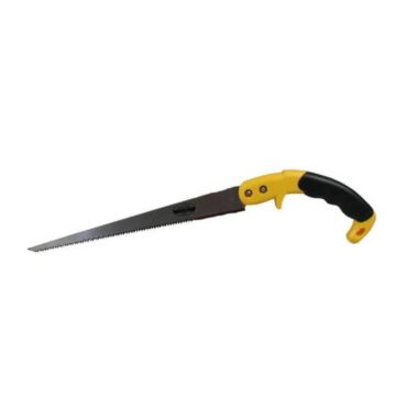 Schrobzaag 300 mm geel met gehard stalen blad en ergonomisch antislip handvat, ideaal voor nauwkeurig zagen in hout, gips en kunststof.