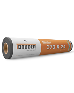 Afbeelding van een liggende rol Bauder SBS bitumen met een oranje witte wikkel. Dit hoogwaardige product is één van de beste SBS bitumen verkrijgbaar op de Nederlandse en Belgische markt. Dakmaterialen.com - Ieder duurzaam dak binnen handbereik.