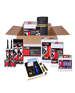 Complete RedFox EPDM Dakbox inclusief EPDM folie, contactlijm, kit, primer, spuitlijm en gereedschap voor het professioneel waterdicht maken van platte daken.