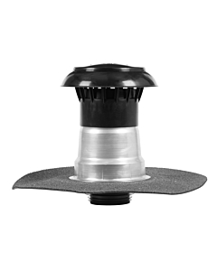 Afbeelding van een prefab Anjo SBS Bitumen ontluchter. De ontluchter is voorzien van een SBS bitumen manchet. Deze ontluchter is helemaal prefab en waterdicht. Bovenop de ontluchter zit een zwarte kunststof pp kap.