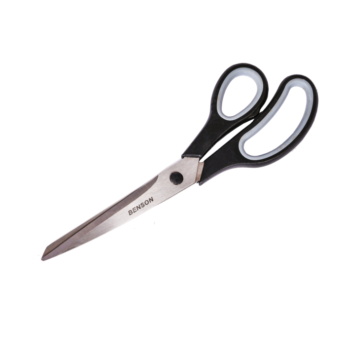 Benson hobby schaar 25 cm met roestvrijstalen bladen en ergonomisch kunststof handvat voor comfortabel gebruik bij het knippen van stof en andere materialen.