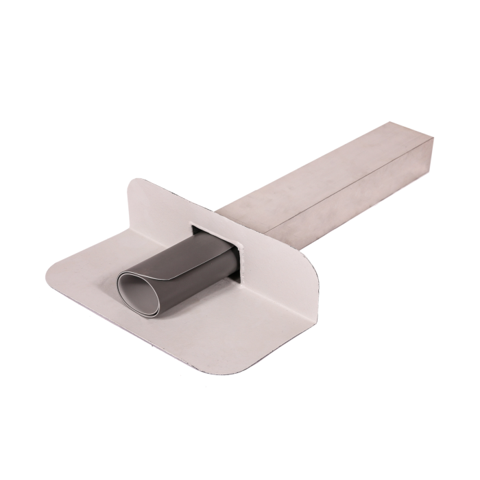 Aluminium kiezelbak 90 graden met PVC coating, inclusief lasbaar PVC manchet voor eenvoudige aansluiting op dakbedekking.