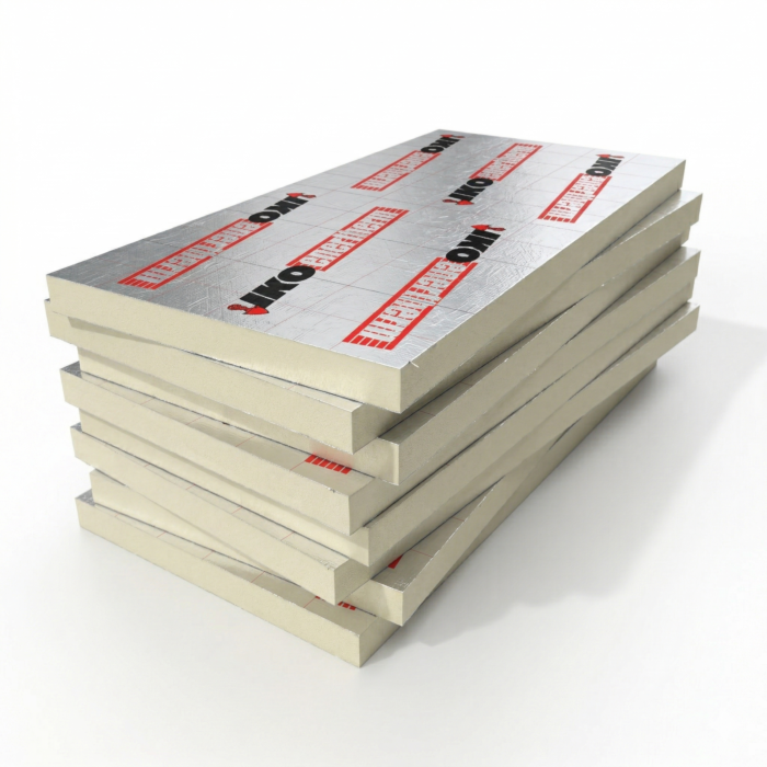 Stapel met 60 mm dikke IKO Enertherm Alu PIR isolatieplaten, inhoud van een pak - Dakmaterialen.com.