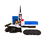 EPDM reparatieset met kit, primer, aandrukroller, schuurpad, staalborstel, handschoenen en ronde EPDM patches voor dakherstel.