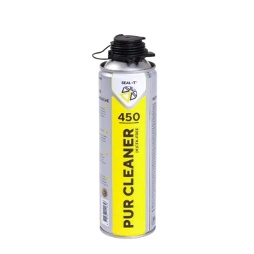 Spuitbus Seal-It 450 PUR Cleaner met zwarte dop en gele opdruk, speciaal ontworpen voor het reinigen van PU-schuimresten en lijm.