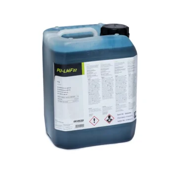 Jerrycan van 6 kg PU-lijm PU-LMF-02 voor Resitrix CL EPDM, blauw van kleur, met gedetailleerd label en waarschuwingssymbolen.