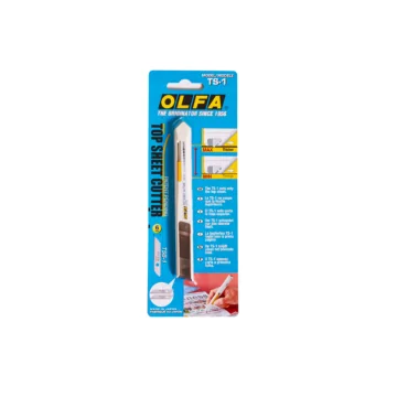 Verpakking van de OLFA Top Sheet Cutter TS-1, een precisie-snijmes met instelbare mesdruk, ontworpen voor het snijden van enkelvoudige lagen zoals folies en rugpapier.