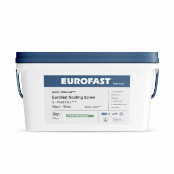 Afbeelding van een emmer met dakparkers voor een stalen dakbeschot van het merk Eurofast. Het is voor het bevestigen van Isolatie op platte daken. Ook toepasbaar op houten dakbeschot.  Dakmaterialen.com - Ieder duurzaam dak binnen handbereik.