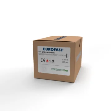 Doos met 250 stuks Eurofast EFS-2-P-A14 4.8×35 mm staalplaatschroeven, geschikt voor het bevestigen van stalen profielplaten op houten ondergronden.