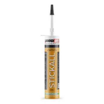 Afbeelding van een IKOpro Stickall 310ml koker met een goudkleurig label en zwarte dop. Op het etiket staat "All Weather Bitumen Sealant", wat aangeeft dat deze bitumineuze afdichtingskit geschikt is voor diverse weersomstandigheden. De koker is voorzien 