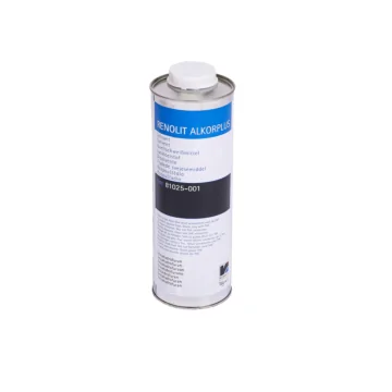 Blik Renolit Alkorplus lasvloeistof 1 liter met blauwe en zwarte opdruk, gebruikt voor PVC-lasverbindingen.