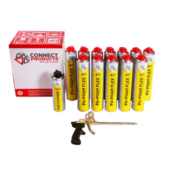 Seal-It PUR Schuim Starterskit met PU Foam Flex 471 – 12 bussen purschuim, een Premium PUR Pistool, en een Seal-It 450 PUR Cleaner, ideaal voor flexibele afdichting en isolatie.