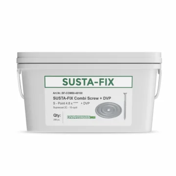Afbeelding van een emmer met dakparkers met drukverdeelplaten van het merk Eurofast. Het is voor het bevestigen van Isolatie op platte daken.  Dakmaterialen.com