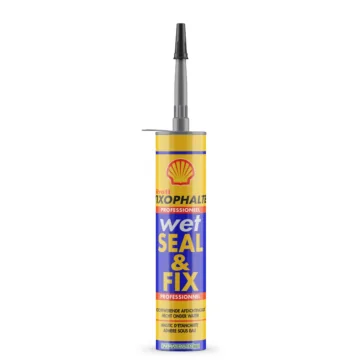Foto van een koker kit Shell Tixophalte. Wet Seal en Fix. De alleskunner voor het platte dak! Vochtwerende Afdichtingskit. Hecht onder water. Verkrijgbaar bij de grootste webshop voor het platte dak. Dakmaterialen.com