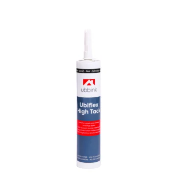 Ubbink Ubiflex High Tack kit in zwarte kleur, verpakt in een koker met een witte spuitmond. De koker heeft een blauw-grijze en rode opdruk met het Ubbink-logo en de productinformatie.
