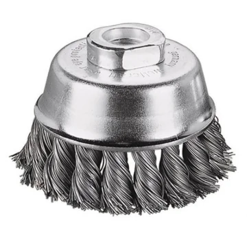 Wolfcraft komborstel gevlochten RVS 65mm met M14-schroefdraad, geschikt voor haakse slijpers. Ideaal voor het verwijderen van roest, verf en vuil op metalen oppervlakken.