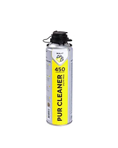 Spuitbus Seal-It 450 PUR Cleaner met zwarte dop en gele opdruk, speciaal ontworpen voor het reinigen van PU-schuimresten en lijm.