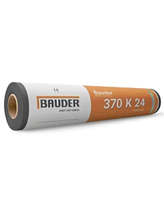 Afbeelding van een liggende rol Bauder SBS bitumen met een oranje witte wikkel. Dit hoogwaardige product is &eacute;&eacute;n van de beste SBS bitumen verkrijgbaar op de Nederlandse en Belgische markt. Dakmaterialen.com - Ieder duurzaam dak binnen handbereik.