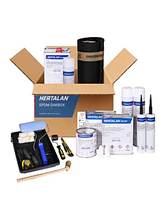 Complete EPDM dakbox van Hertalan met Europese EPDM dakbedekking, lijmen, kitten, primer en professioneel gereedschap voor het zelf aanleggen van een waterdicht plat dak.