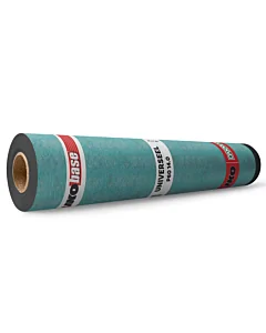 Afbeelding van een rol IKO base Universeel P60 bitumineuze onderlaag. De rol is 14 meter lang en 1 meter breed en heeft een opvallende blauwgroene toplaag met rode en witte productbanden. De bovenzijde is voorzien van wegbrandfolie voor een optimale hecht