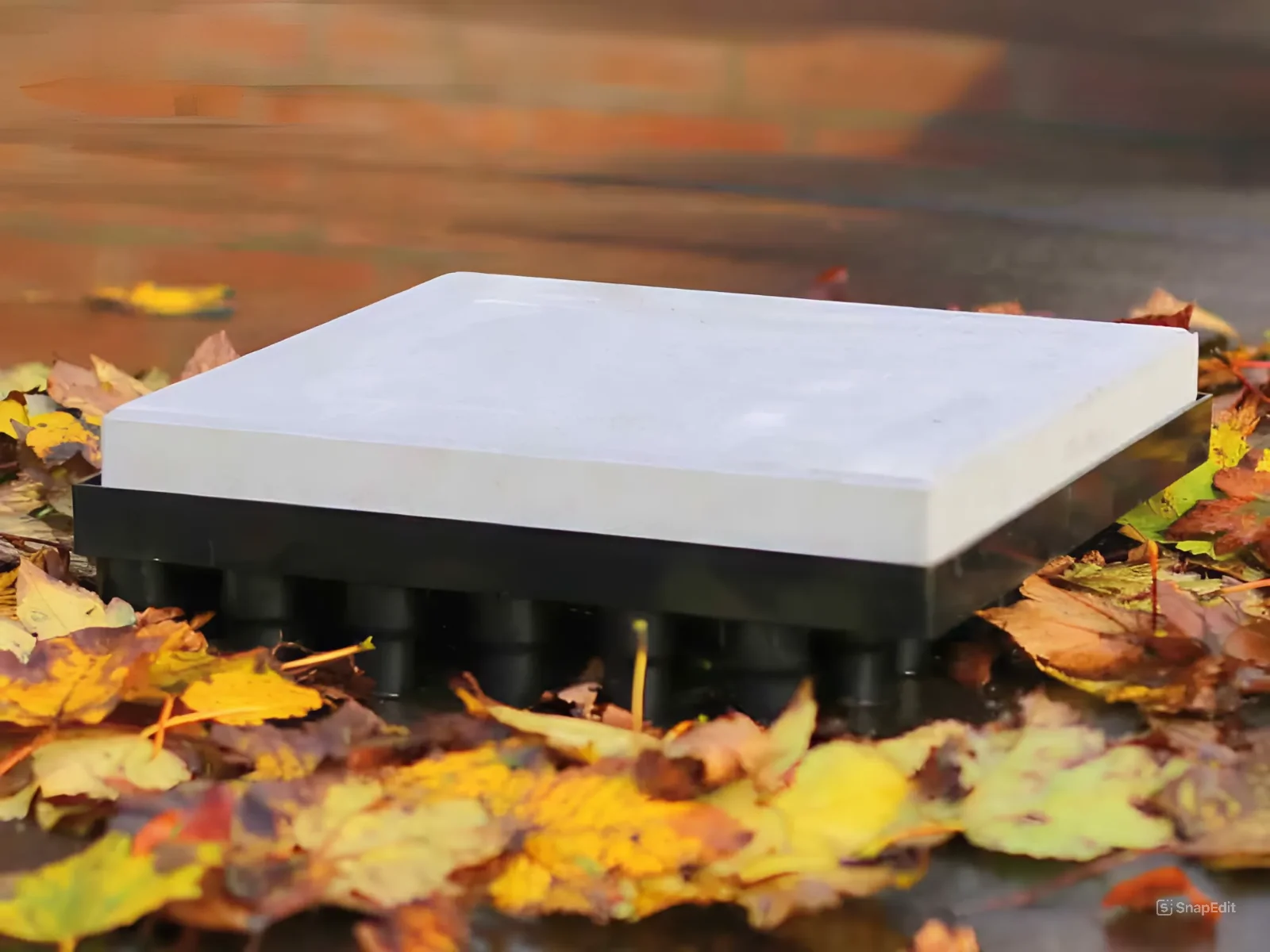 Anjo tegelbladvanger op een plat dak, bedekt met herfstbladeren en afgedekt met een 30x30 cm betonsteen, ontworpen om verstoppingen door bladeren te voorkomen en een effici&euml;nte waterafvoer te garanderen.